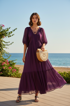 Damen Seidenkleid mit Puffärmeln | Luftsüßes Boho Maxikleid – Kleid – ESTID