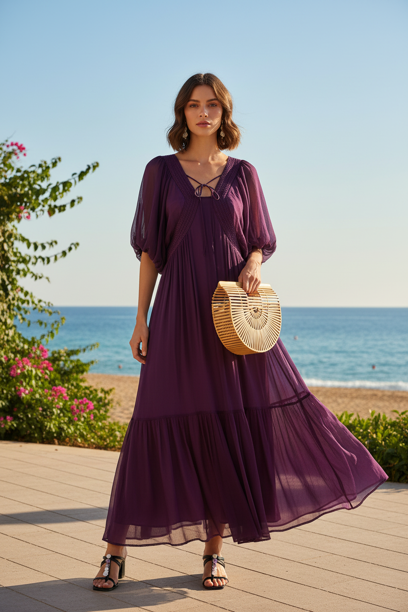 Damen Seidenkleid mit Puffärmeln | Luftsüßes Boho Maxikleid – Kleid – ESTID