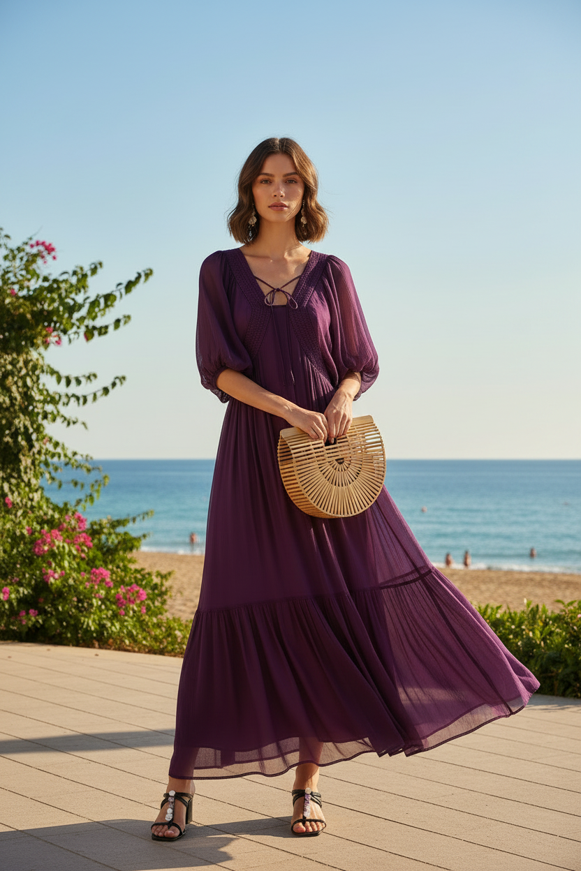 Damen Seidenkleid mit Puffärmeln | Luftsüßes Boho Maxikleid Detailansicht – Kleid – ESTID