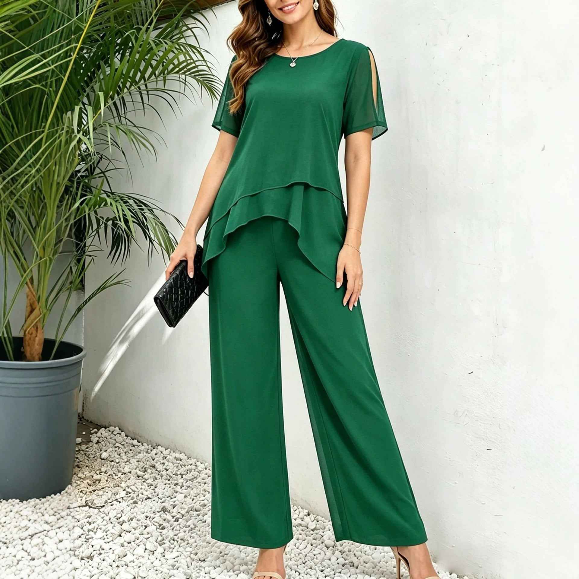 Festlicher Damen 2-Teiler | Lagen-Oberteil & Weite Hose Ansicht 4 – Kombination – ESTID