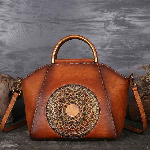 Exklusive Boho Vintage Umhängetasche aus Leder | Cognac, Rot, Schwarz Ansicht 3 – Produkt – ESTID