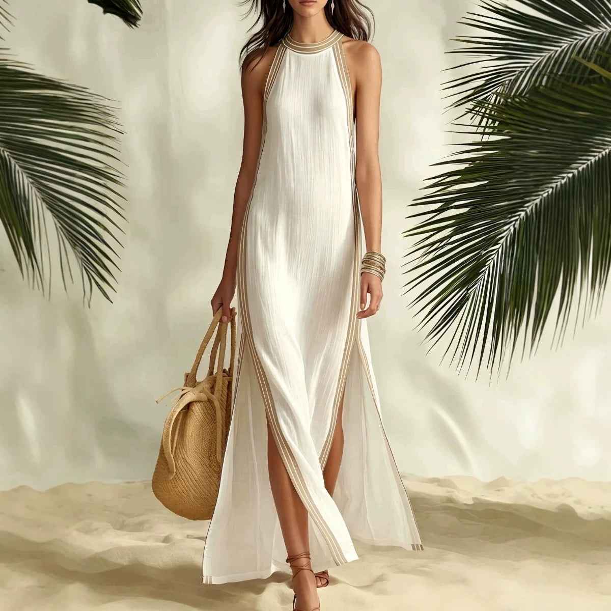 Damen Leinen-Sommerkleid | Neckholder Maxikleid mit Kontrast-Kante Ansicht 4 – Kleid – ESTID