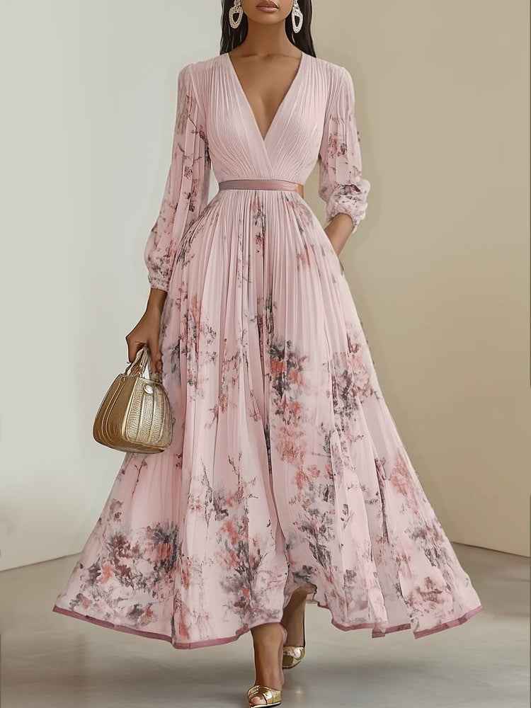 Elegantes Plissee-Maxikleid für Damen | Floral & V-Ausschnitt Ansicht 3 – Kleid – ESTID