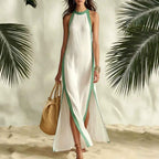 Damen Leinen-Sommerkleid | Neckholder Maxikleid mit Kontrast-Kante Detailansicht – Kleid – ESTID