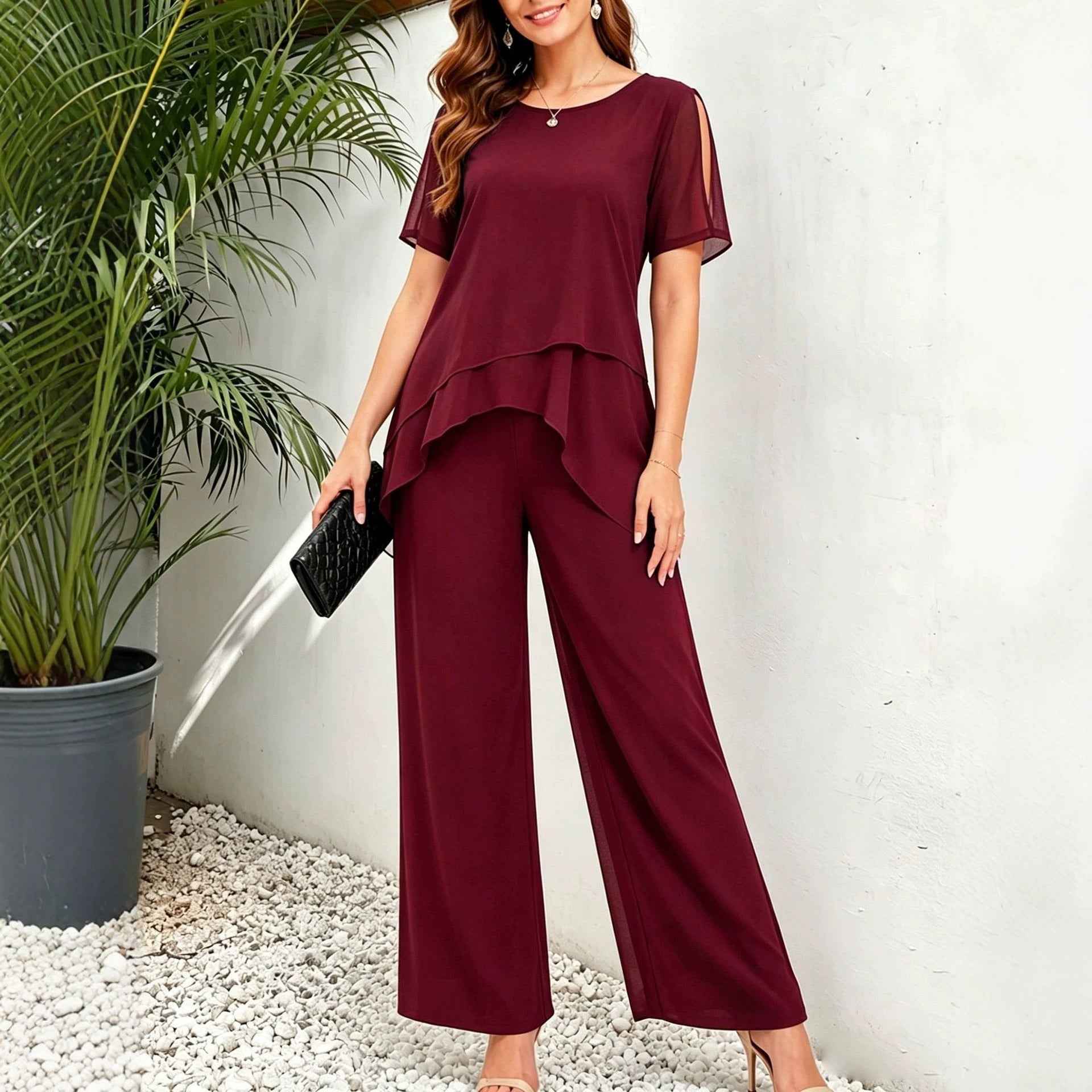 Festlicher Damen 2-Teiler | Lagen-Oberteil & Weite Hose Ansicht 3 – Kombination – ESTID