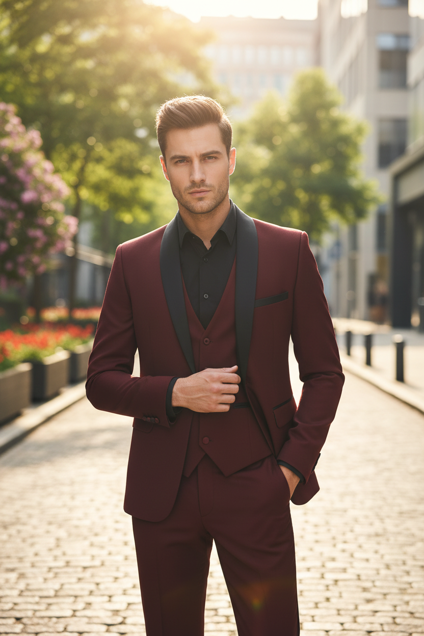 Herren Slim Fit Anzug Set 3-teilig | Schalkragen Tuxedo für Hochzeit & Gala Detailansicht – anzug – ESTID