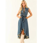 Damen Jeans-Midikleid Vokuhila | Ärmellos mit Bindegürtel & Fransen Ansicht 4 – Kleid – ESTID