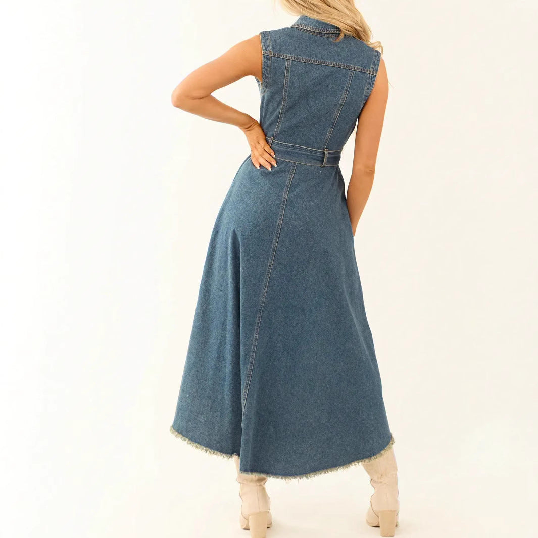 Damen Jeans-Midikleid Vokuhila | Ärmellos mit Bindegürtel & Fransen Ansicht 5 – Kleid – ESTID