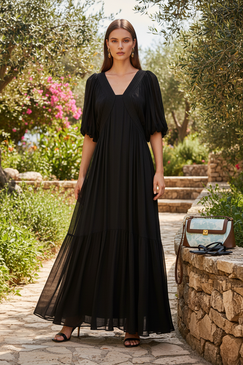 Damen Seidenkleid mit Puffärmeln | Luftsüßes Boho Maxikleid Ansicht 10 – Kleid – ESTID