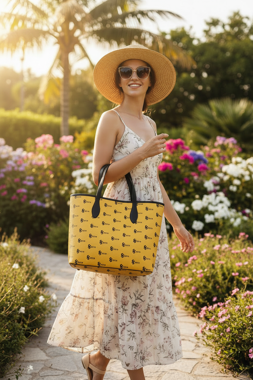 Gelbe Leder-Tote-Bag mit Monogramm-Print ESTID – Leather City Shopper – ESTID
