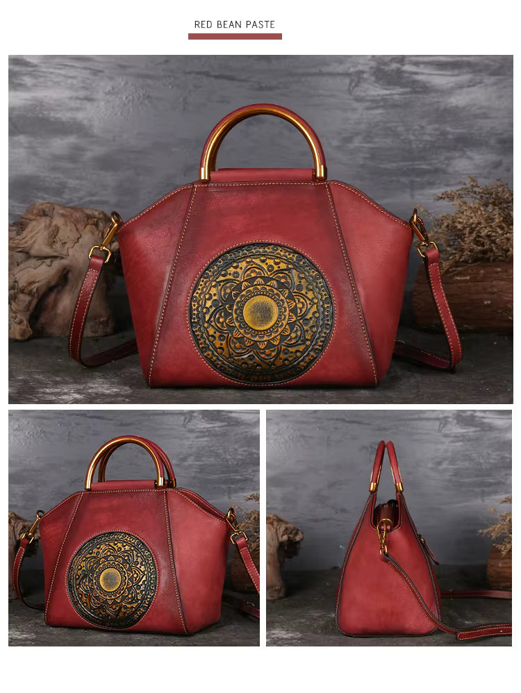 Exklusive Boho Vintage Umhängetasche aus Leder | Cognac, Rot, Schwarz Ansicht 12 – Produkt – ESTID