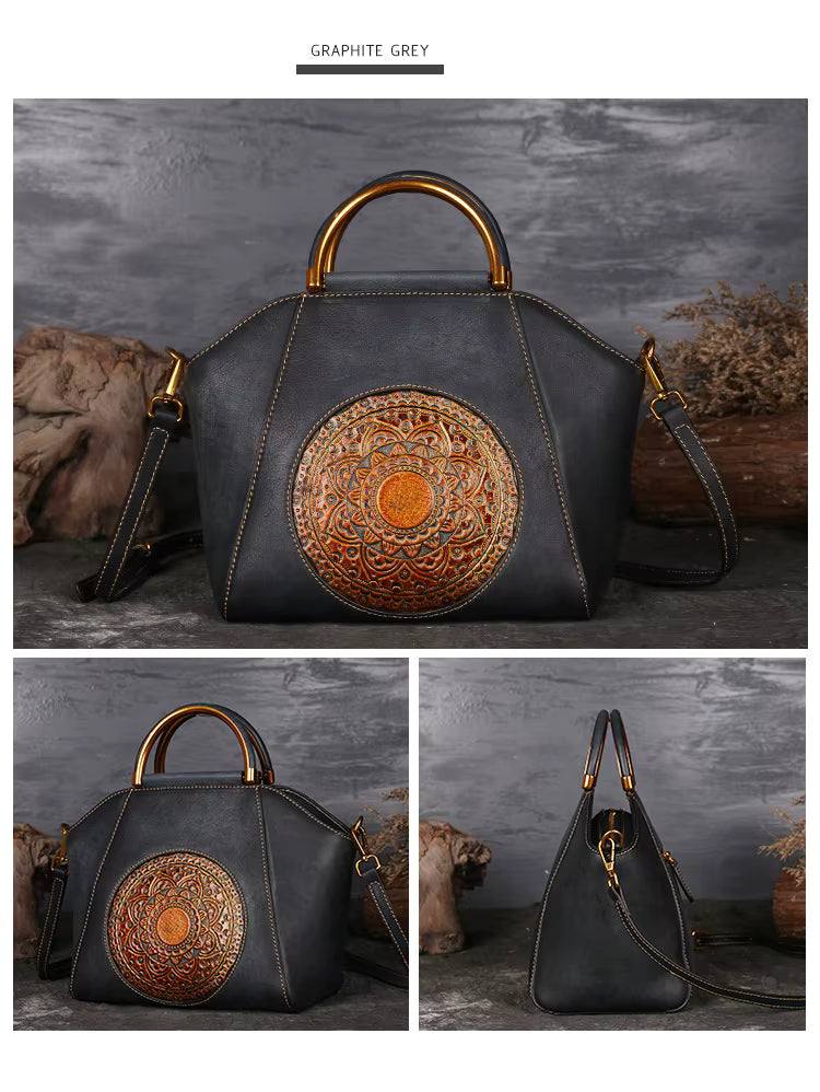 Exklusive Boho Vintage Umhängetasche aus Leder | Cognac, Rot, Schwarz Ansicht 9 – Produkt – ESTID