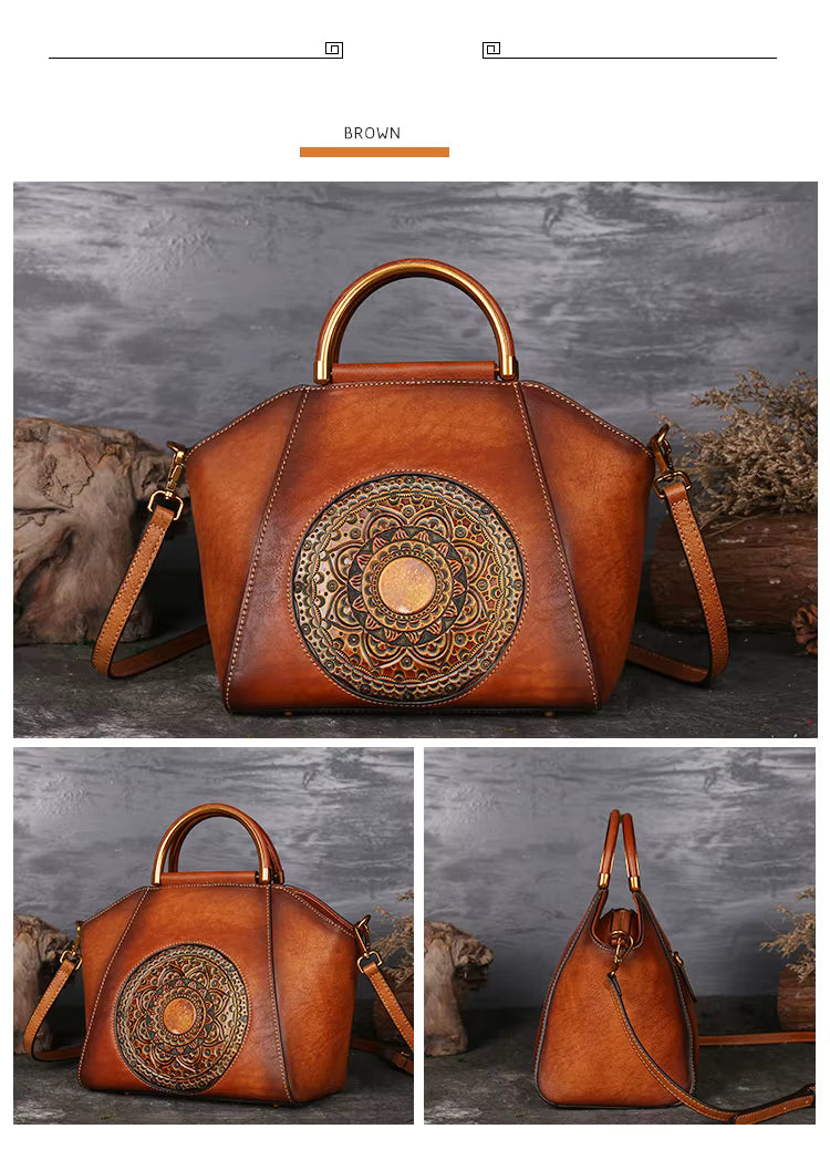 Exklusive Boho Vintage Umhängetasche aus Leder | Cognac, Rot, Schwarz Detailansicht – Produkt – ESTID