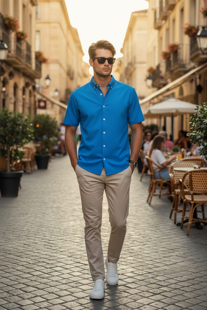 Herren Blaues Kurzarm-Leinenhemd mit kunstvollem Bibelvers-Rückenprint – Mens Short Sleeve Shirt – ESTID