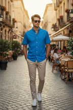 Herren Blaues Kurzarm-Leinenhemd mit kunstvollem Bibelvers-Rückenprint – Mens Short Sleeve Shirt – ESTID