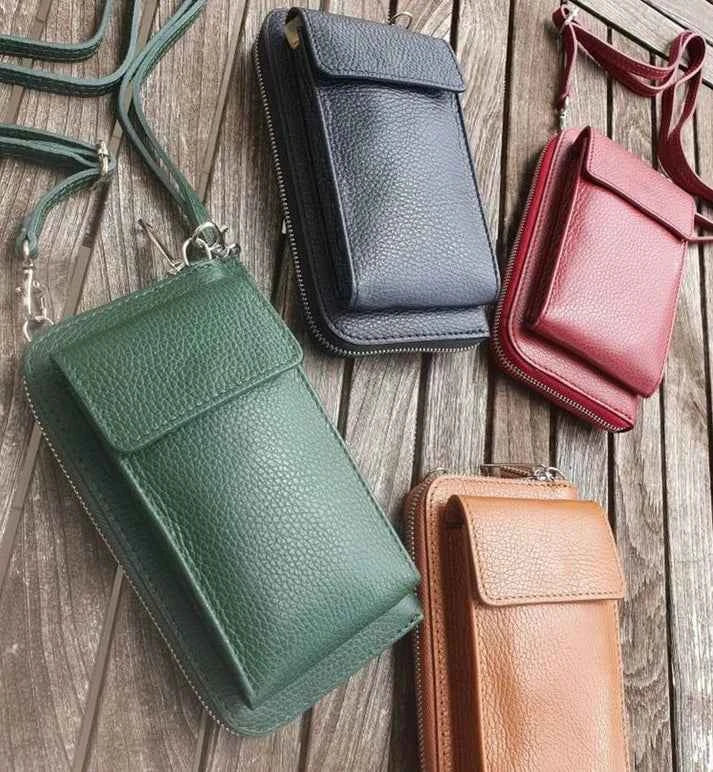 Multifunktionale Umhängetasche, Echtleder-Geldbörse, Handytasche, passend für Handys bis zu 6,7 Zoll