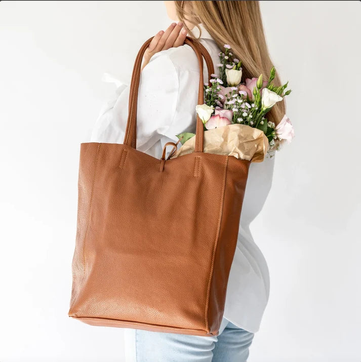 Leder-Schultertasche mit Doppelgriff, großer Shopper mit Ledertasche im Innenraum – Handtasche – ESTID