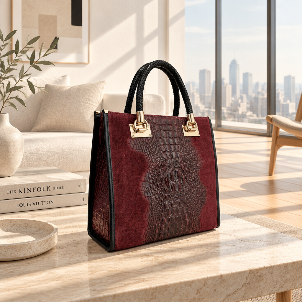 Damen-Schultertasche – Handtasche aus krokodilbedrucktem Wildlederleder – Handtasche – ESTID