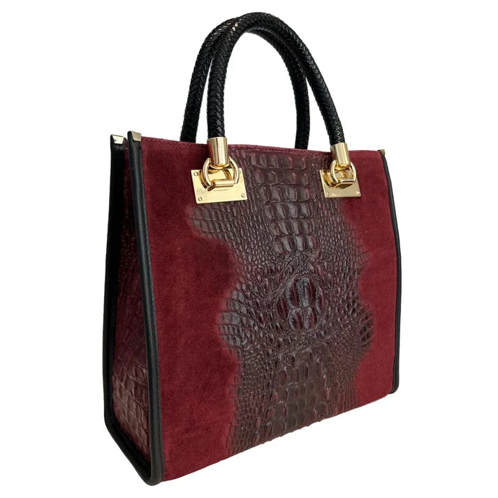Damen-Schultertasche – Handtasche aus krokodilbedrucktem Wildlederleder Ansicht 4 – Handtasche – ESTID