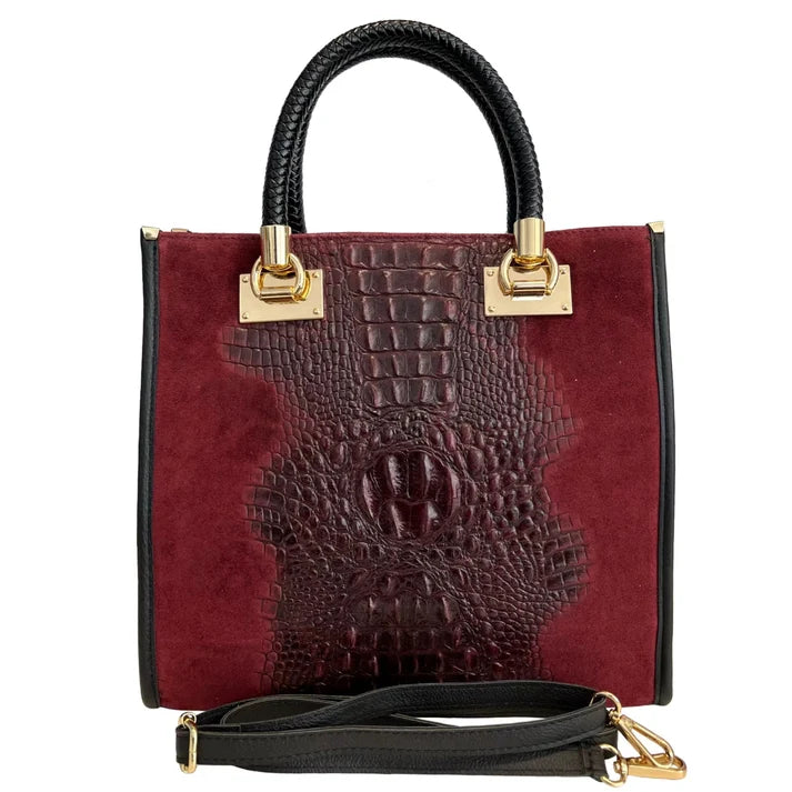 Damen-Schultertasche – Handtasche aus krokodilbedrucktem Wildlederleder Detailansicht – Handtasche – ESTID