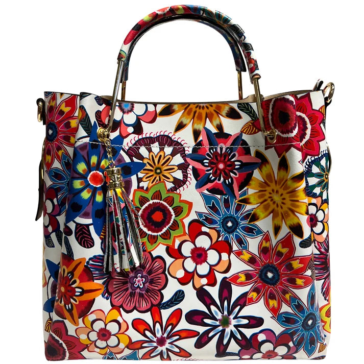 Damen Bucket Tasche aus echtem Leder Blumenmuster