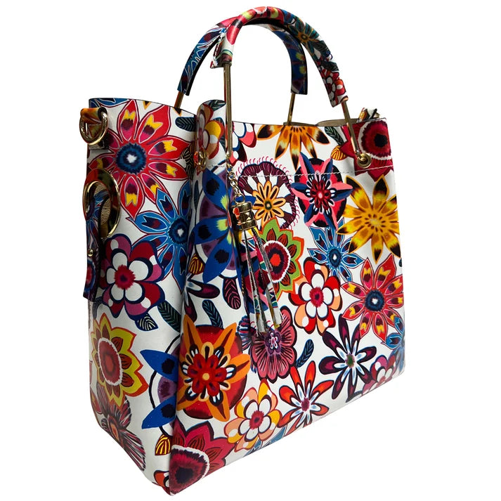 Damen Bucket Tasche aus echtem Leder Blumenmuster