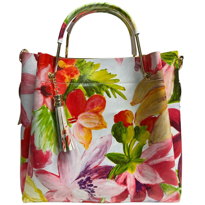 Damen Bucket Tasche aus echtem Leder Blumenmuster