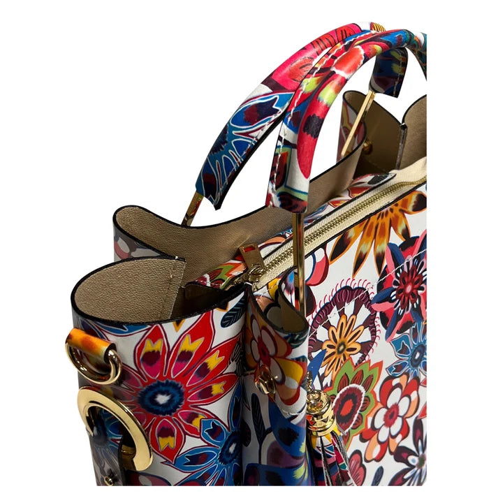 Damen Bucket Tasche aus echtem Leder Blumenmuster
