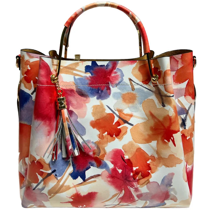 Damen Bucket Tasche aus echtem Leder Blumenmuster