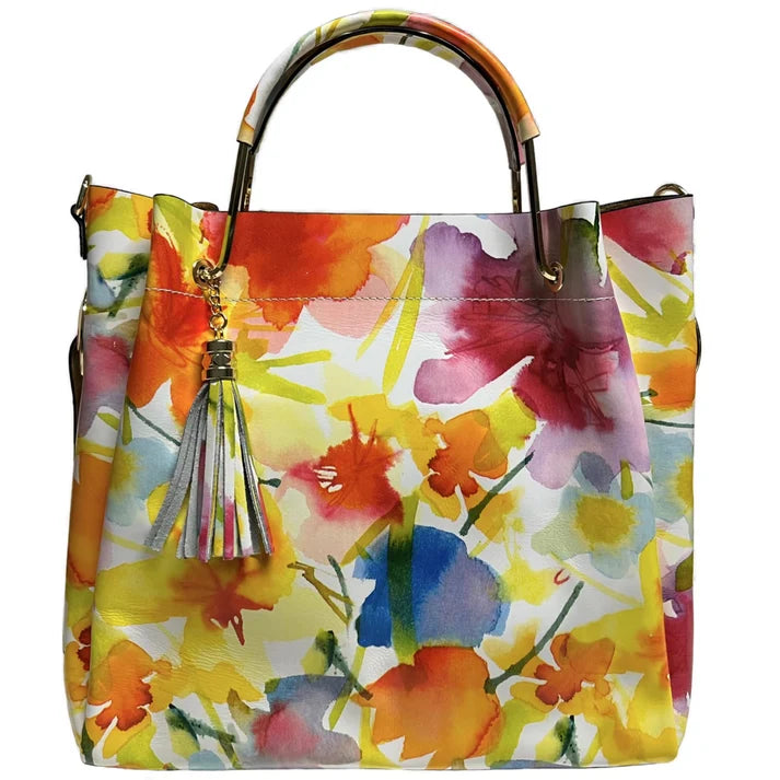 Damen Bucket Tasche aus echtem Leder Blumenmuster