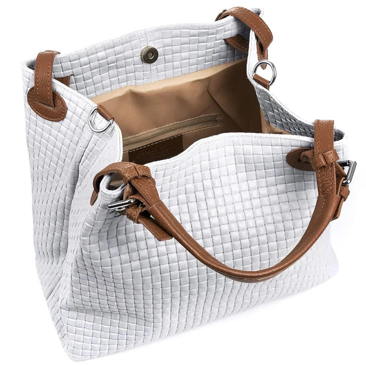Damenhandtasche mit gewebtem Schulterriemen aus echtem Leder, hergestellt in Italien Detailansicht – Handtasche – ESTID