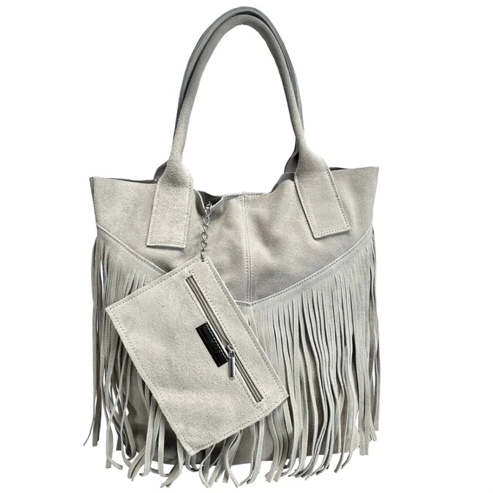 Damen Genuine Wildleder Shopper Bag mit Fransen plus Schmucketui derselben Farbe Ansicht 4 – Handtasche – ESTID