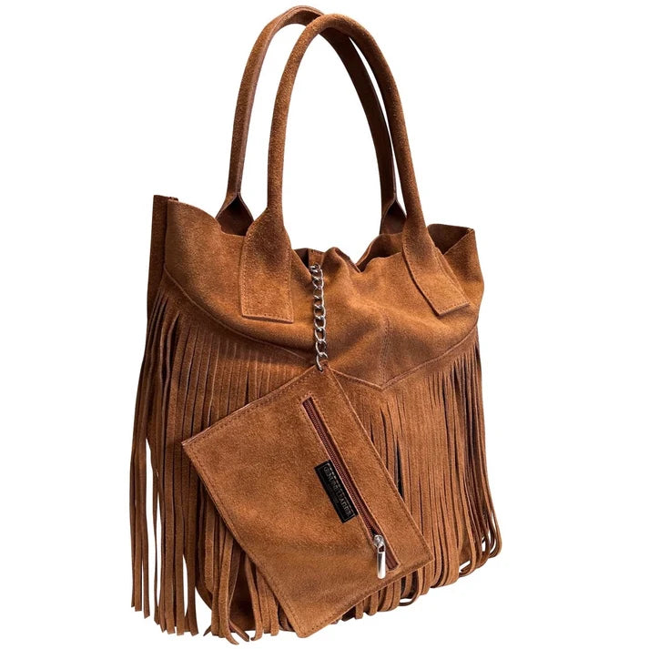 Damen Genuine Wildleder Shopper Bag mit Fransen plus Schmucketui derselben Farbe Detailansicht – Handtasche – ESTID