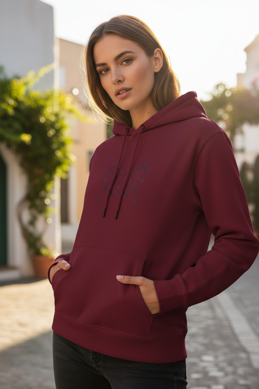 Lässiger Damen Kapuzenpullover mit Tribal Schmetterling Motiv