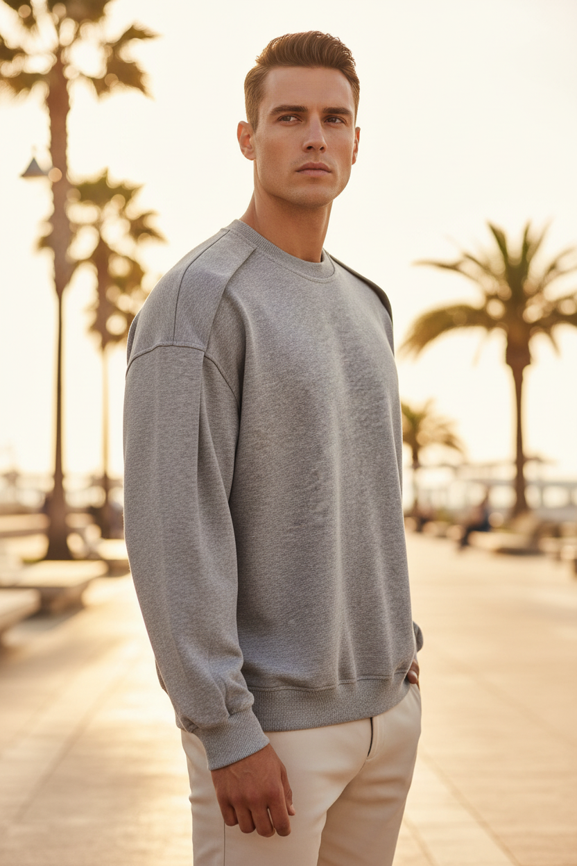 Minimalistischer Herren Rundhals-Pullover in Oversized Optik | Grau & Schwarz Detailansicht – pullover – ESTID
